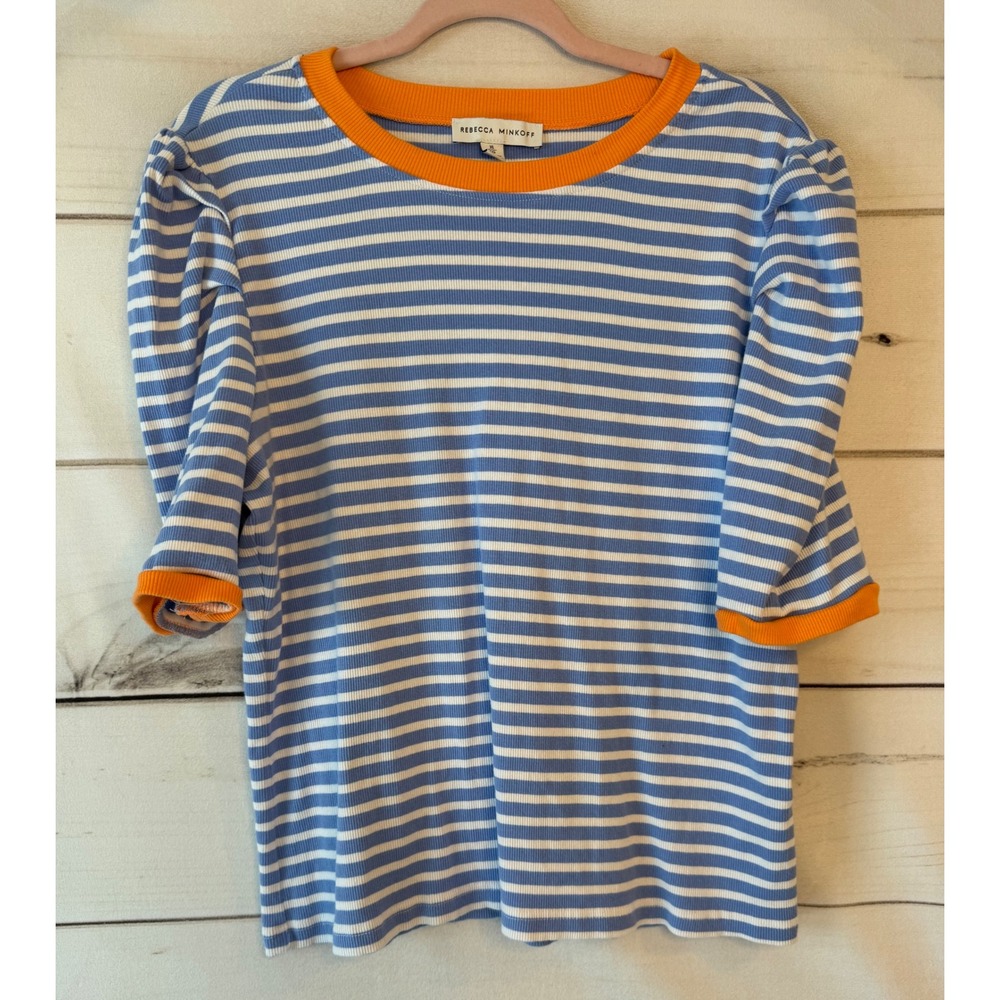 Rebecca Minkoff Womens XL Blue White Striped Puff Sleeve Top Orange Trim Ribbed